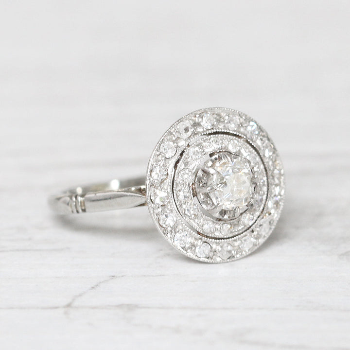 French Art Deco 0.62 Carat Old Mine Cut Diamond Double Halo Cluster Ring