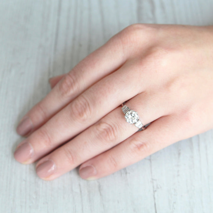 Vintage 1.23 Carat Brilliant Cut Diamond Solitaire with Baguette Diamond Shoulders