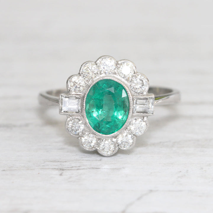 Art Deco Style 1.28 Carat Emerald and Diamond Cluster Ring