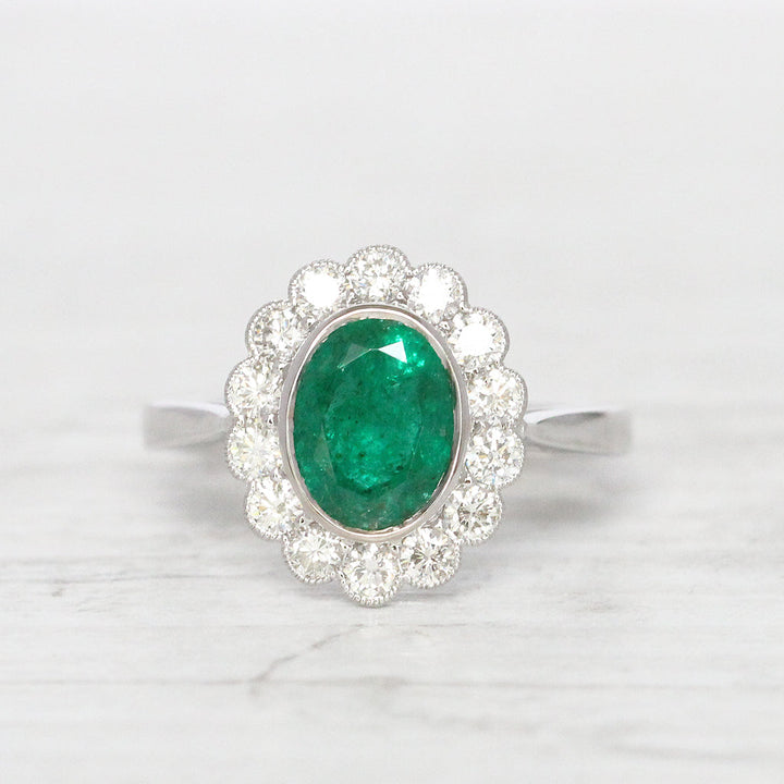 Vintage Style 1.67 Carat Emerald and Diamond Oval Cluster