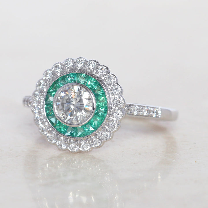 Art Deco Style 0.50 Carat Diamond and Emerald Halo Target Cluster