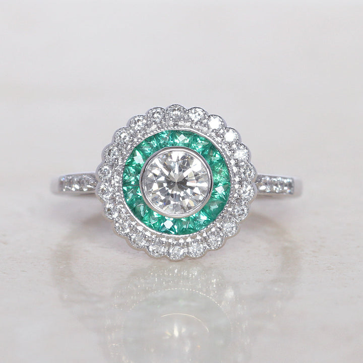 Art Deco Style 0.50 Carat Diamond and Emerald Halo Target Cluster