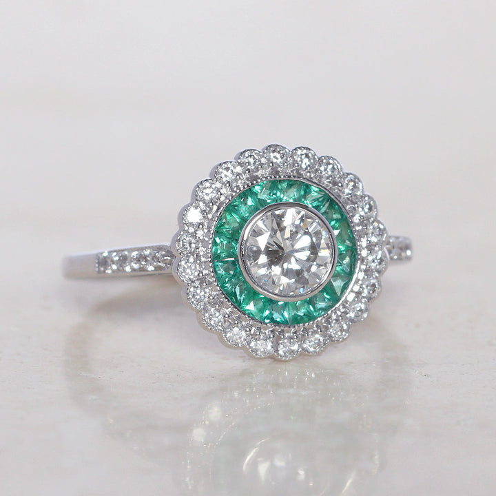 Art Deco Style 0.50 Carat Diamond and Emerald Halo Target Cluster