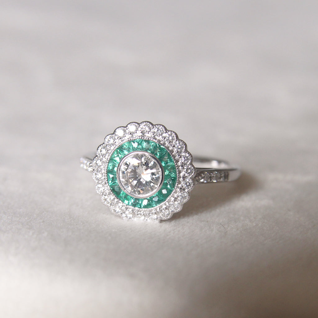 Art Deco Style 0.50 Carat Diamond and Emerald Halo Target Cluster
