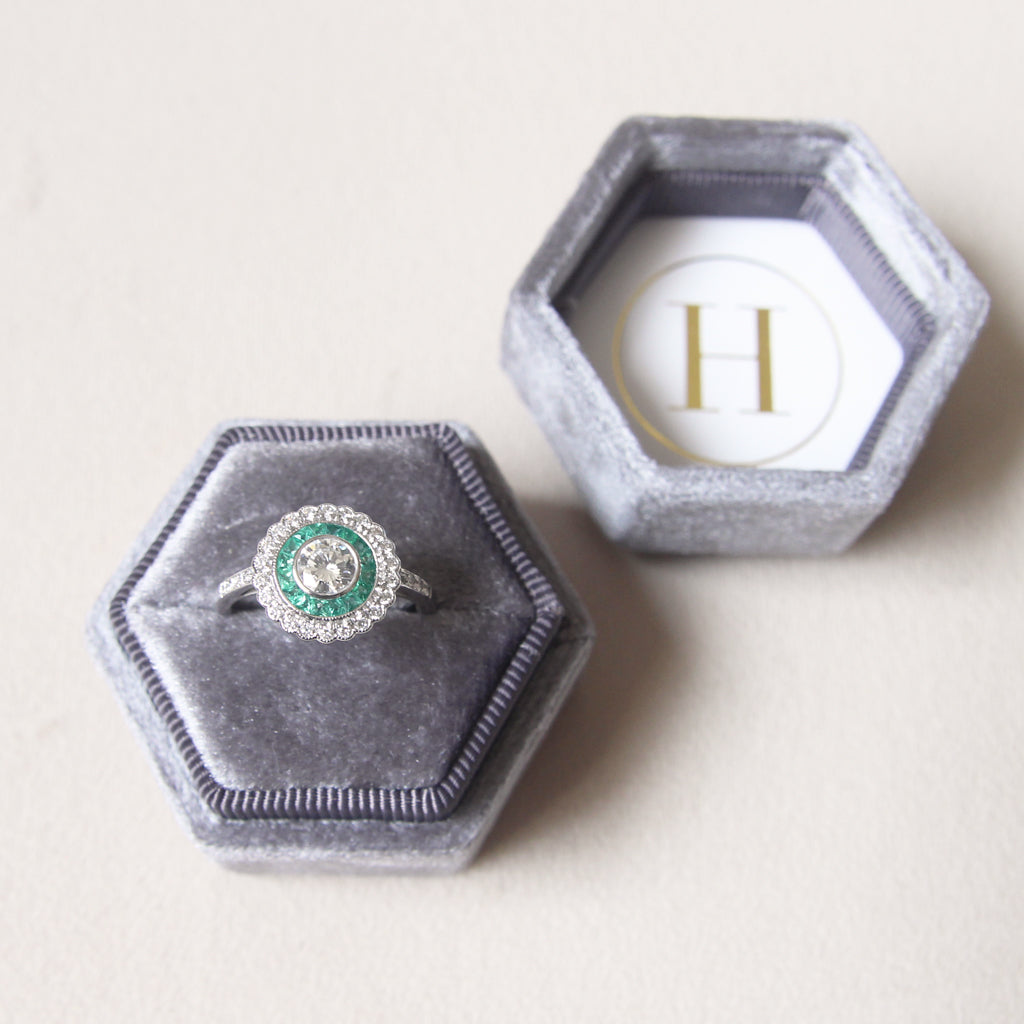 Art Deco Style 0.50 Carat Diamond and Emerald Halo Target Cluster