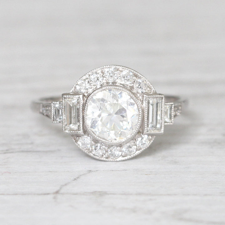Art Deco Style 1.36 Carat Old European Cut Diamond Halo Cluster Ring
