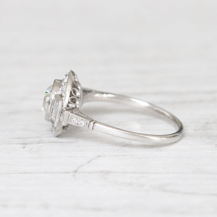 Art Deco Style 1.36 Carat Old European Cut Diamond Halo Cluster Ring