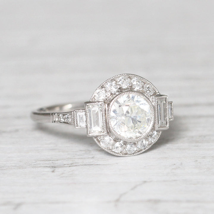 Art Deco Style 1.36 Carat Old European Cut Diamond Halo Cluster Ring
