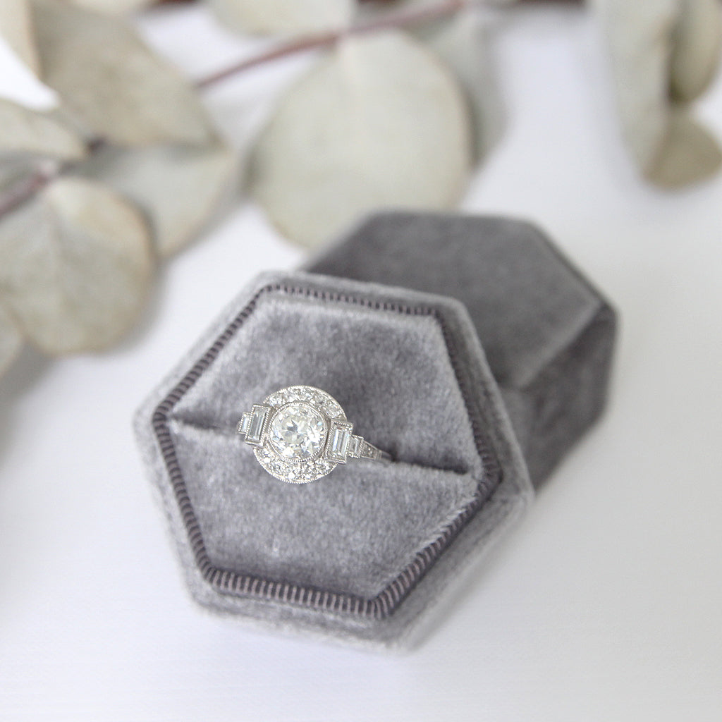 Art Deco Style 1.36 Carat Old European Cut Diamond Halo Cluster Ring
