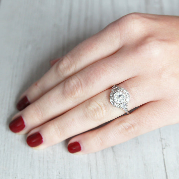 Art Deco Style 1.36 Carat Old European Cut Diamond Halo Cluster Ring