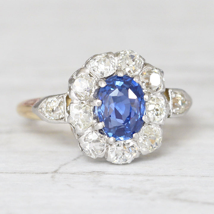 Victorian 1.79 Carat Ceylon Sapphire and Old Cut Diamond Cluster
