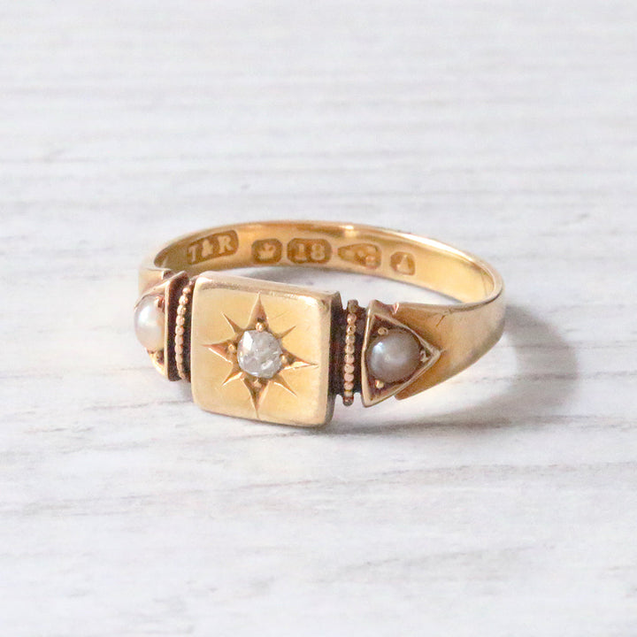 Victorian Old Mine Cut Diamond and Pearl Ring 1884