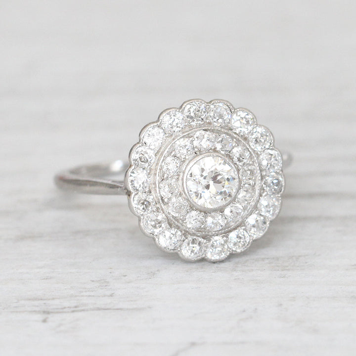 Art Deco 1.08 Carat Old European Cut Diamond Double Halo Ring