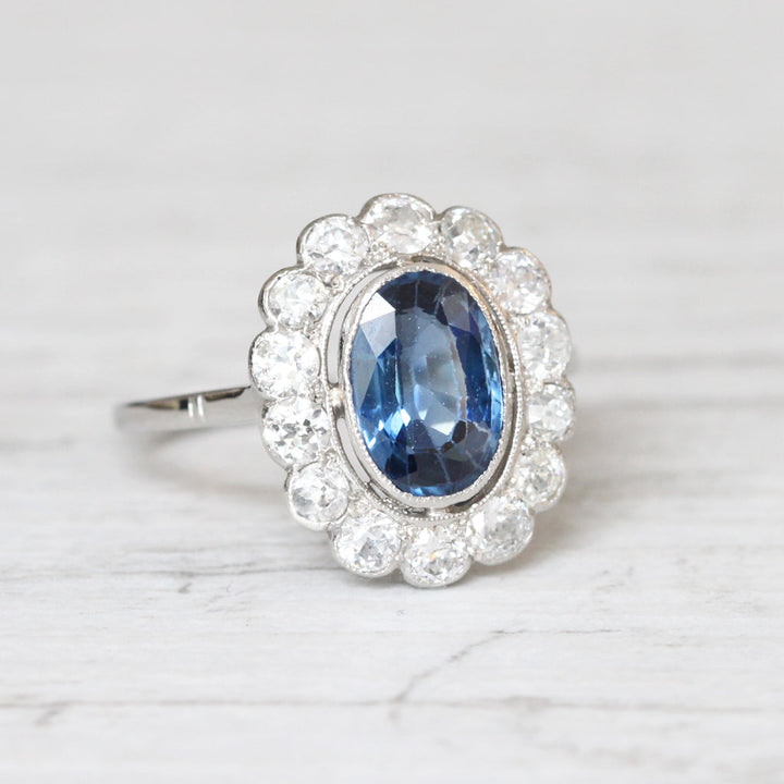 Art Deco 1.35 Carat Verneuil Sapphire and Old Cut Diamond Cluster