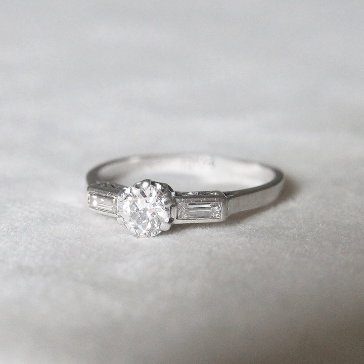 Art Deco 0.50 Carat Old European Cut Diamond Solitaire with Baguette Diamond Shoulders