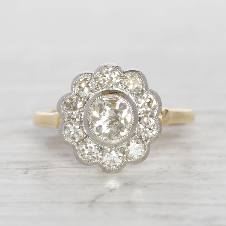 Edwardian Style 1.44 Carat Old Mine and European Cut Diamond Daisy Cluster