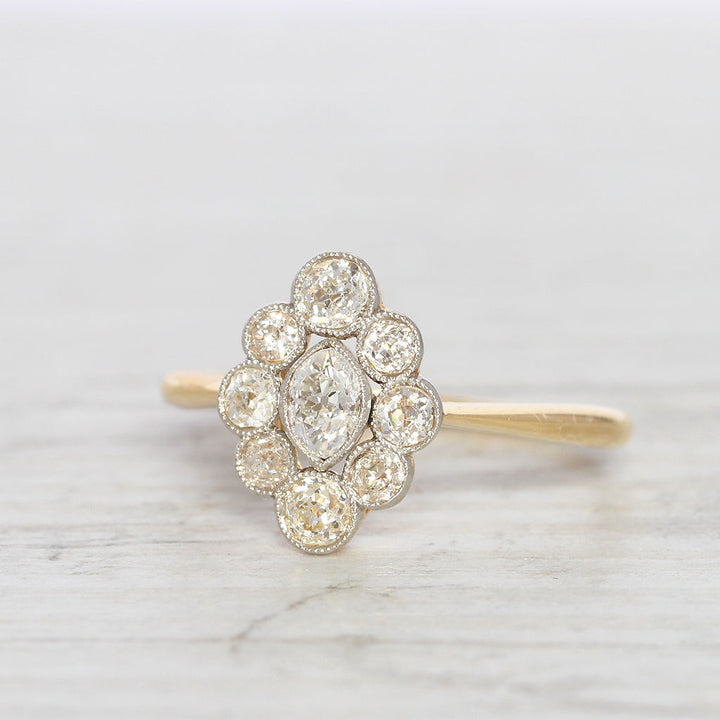 Edwardian 0.96 Carat Moval Old Cut Diamond Cluster Ring
