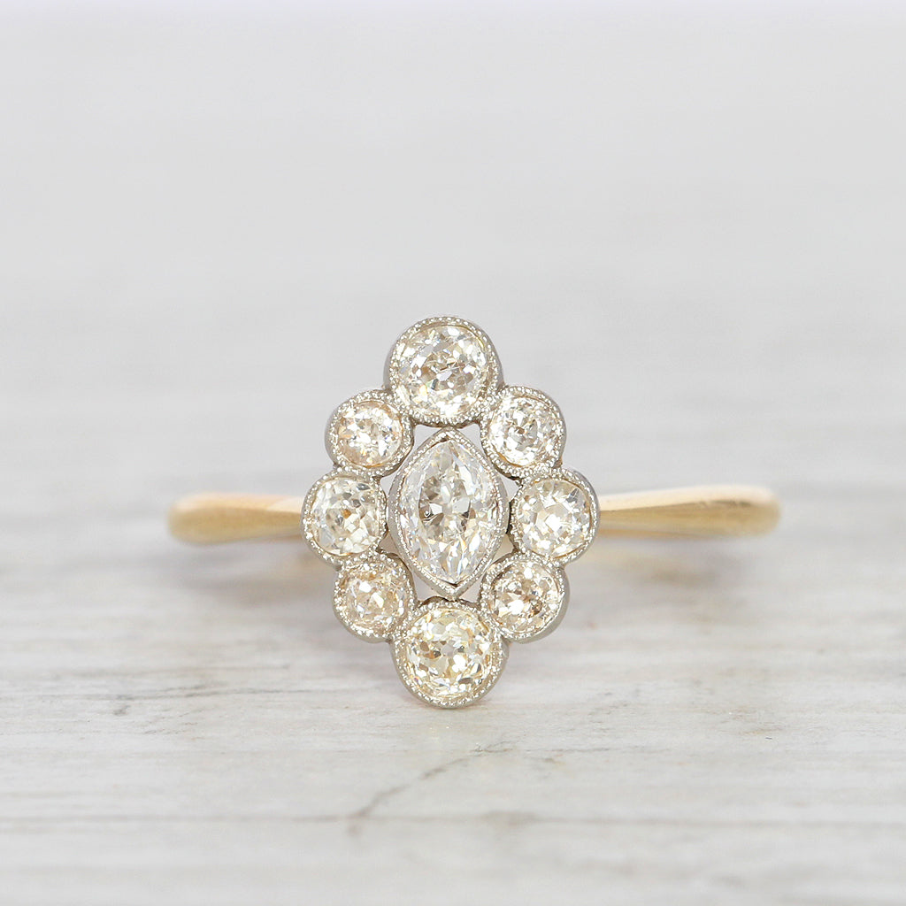Edwardian 0.96 Carat Moval Old Cut Diamond Cluster Ring