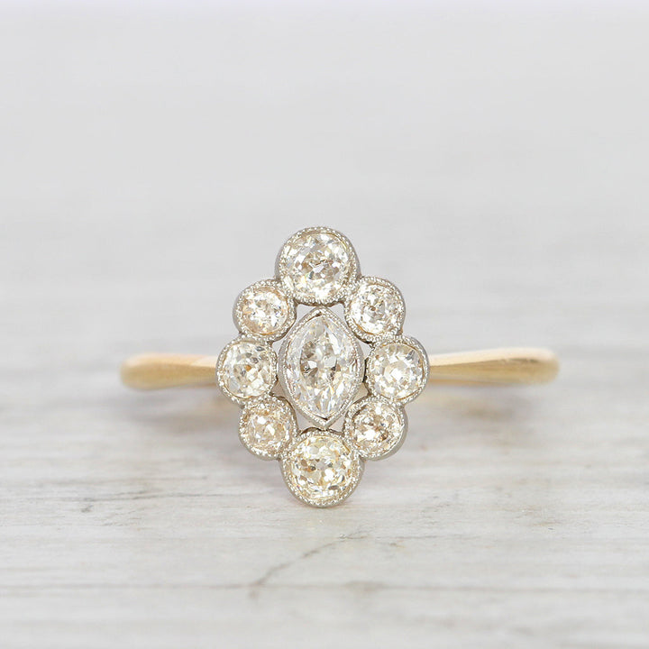 Edwardian 0.96 Carat Moval Old Cut Diamond Cluster Ring