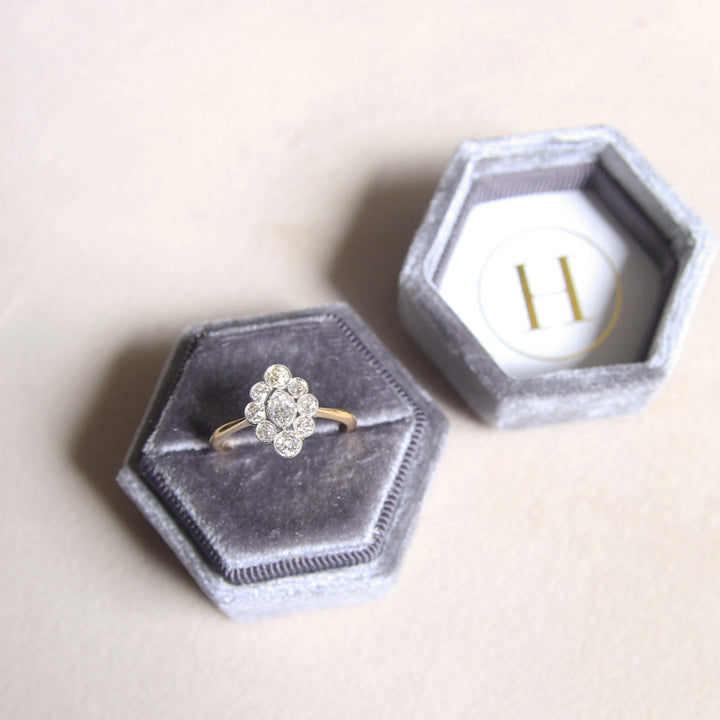 Edwardian 0.96 Carat Moval Old Cut Diamond Cluster Ring