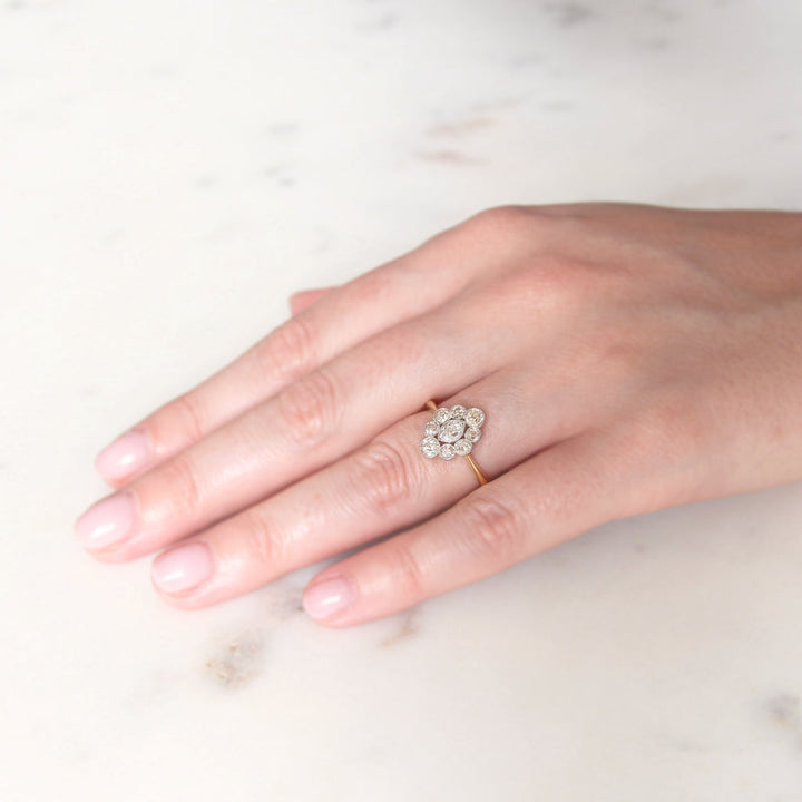Edwardian 0.96 Carat Moval Old Cut Diamond Cluster Ring