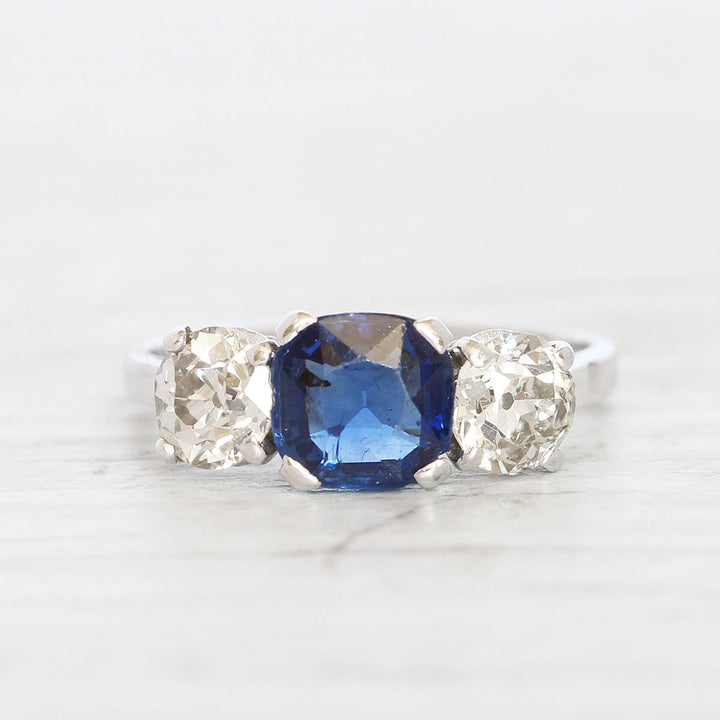 French Art Deco 1 Carat Sapphire and Old Cut Diamond Three Stone