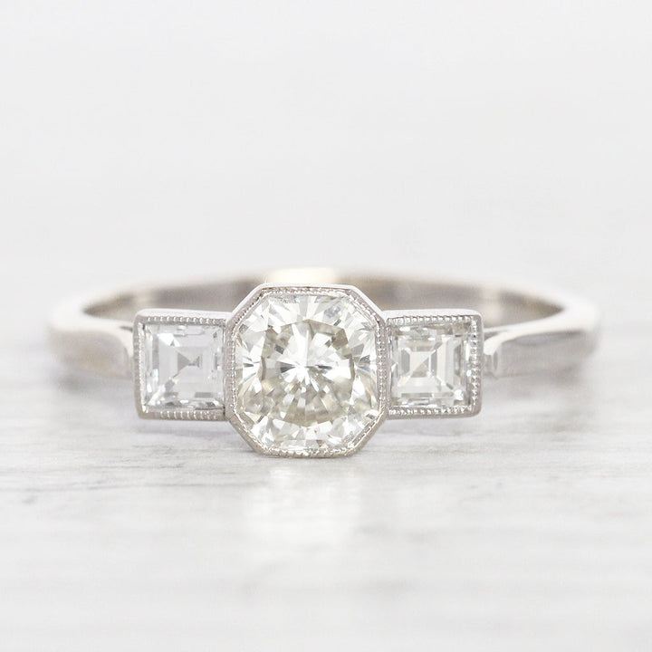 Art Deco Style 1.25 Carat Radiant and Carré Cut Diamond Three Stone