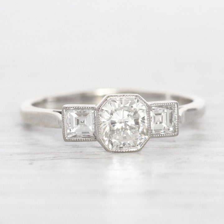 Art Deco Style 1.25 Carat Radiant and Carré Cut Diamond Three Stone