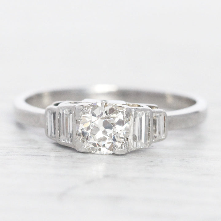 Art Deco 0.50 Carat Old European Cut Diamond Solitaire with Baguette Diamond Shoulders