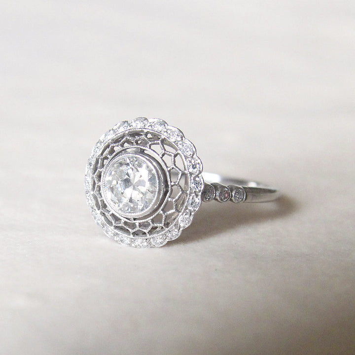 Art Deco 0.71 Carat Transitional Cut Diamond Filigree Halo Ring