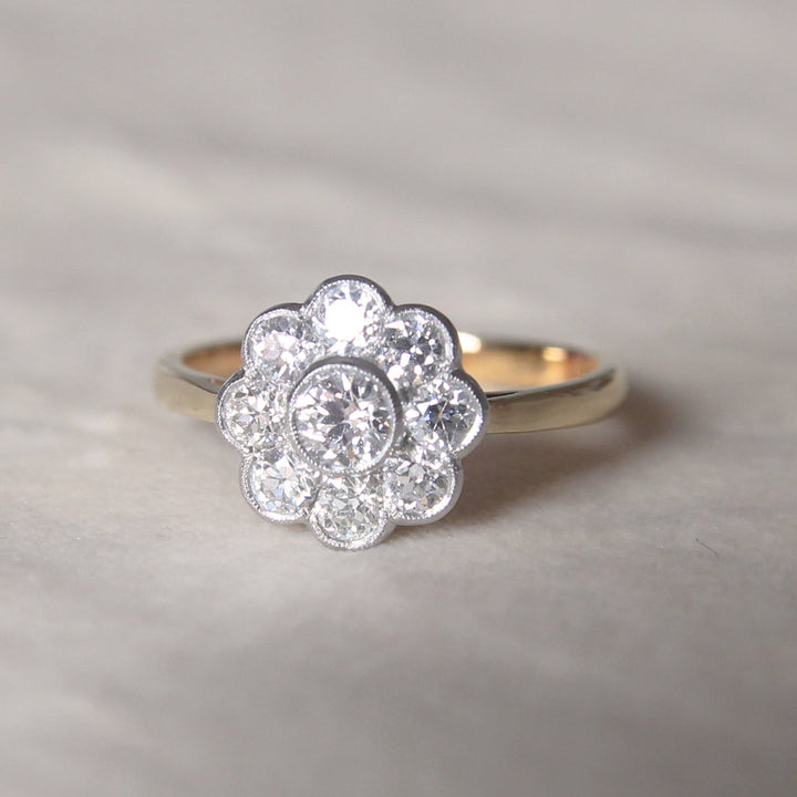 Edwardian Style 0.91 Carat Old Cut Diamond Daisy Cluster