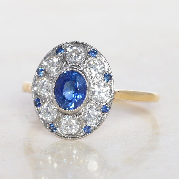 Edwardian Style 0.85 Carat Sapphire and Old Cut Diamond Cluster