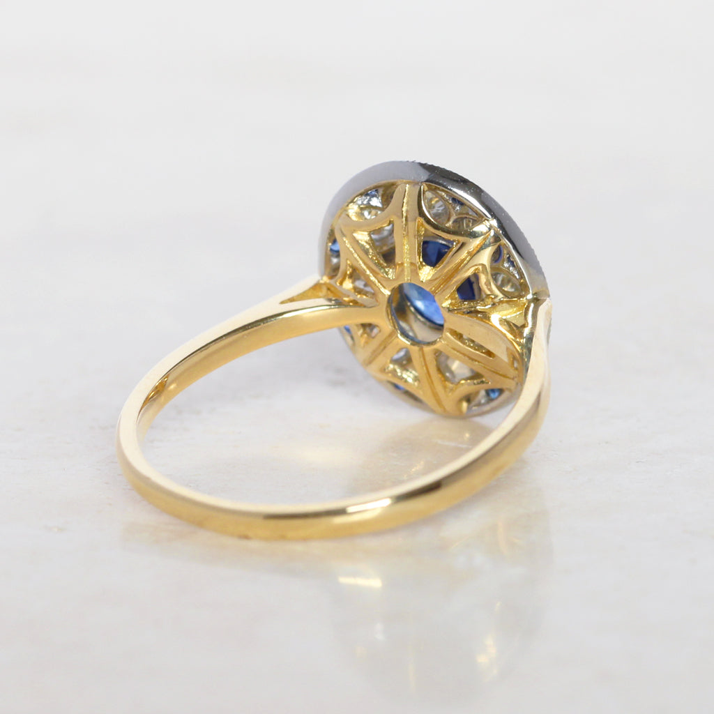 Edwardian Style 0.85 Carat Sapphire and Old Cut Diamond Cluster
