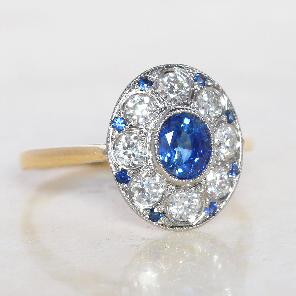 Edwardian Style 0.85 Carat Sapphire and Old Cut Diamond Cluster