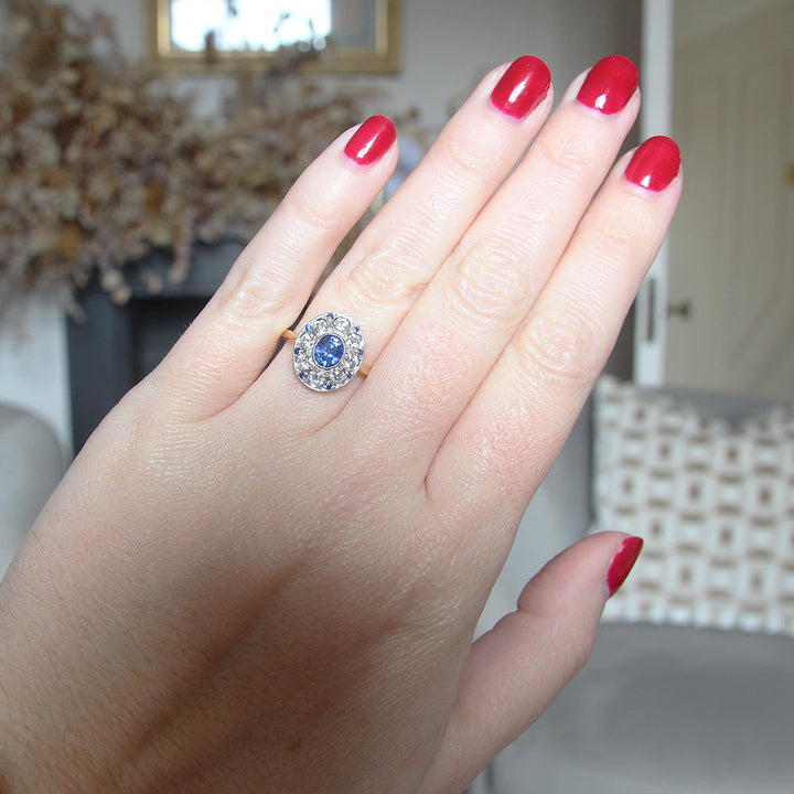 Edwardian Style 0.85 Carat Sapphire and Old Cut Diamond Cluster