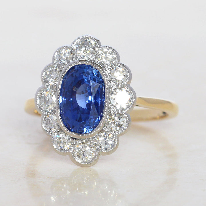 Edwardian Style 2.55 Carat Sapphire and Old Cut Diamond Cluster
