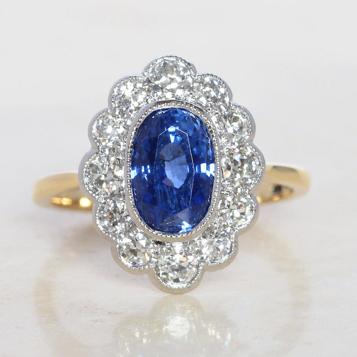 Edwardian Style 2.55 Carat Sapphire and Old Cut Diamond Cluster