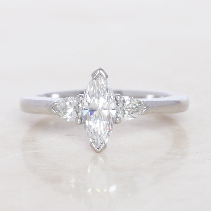 Contemporary 0.92 Carat Marquise Cut and Pear Shape Diamond Three Stone