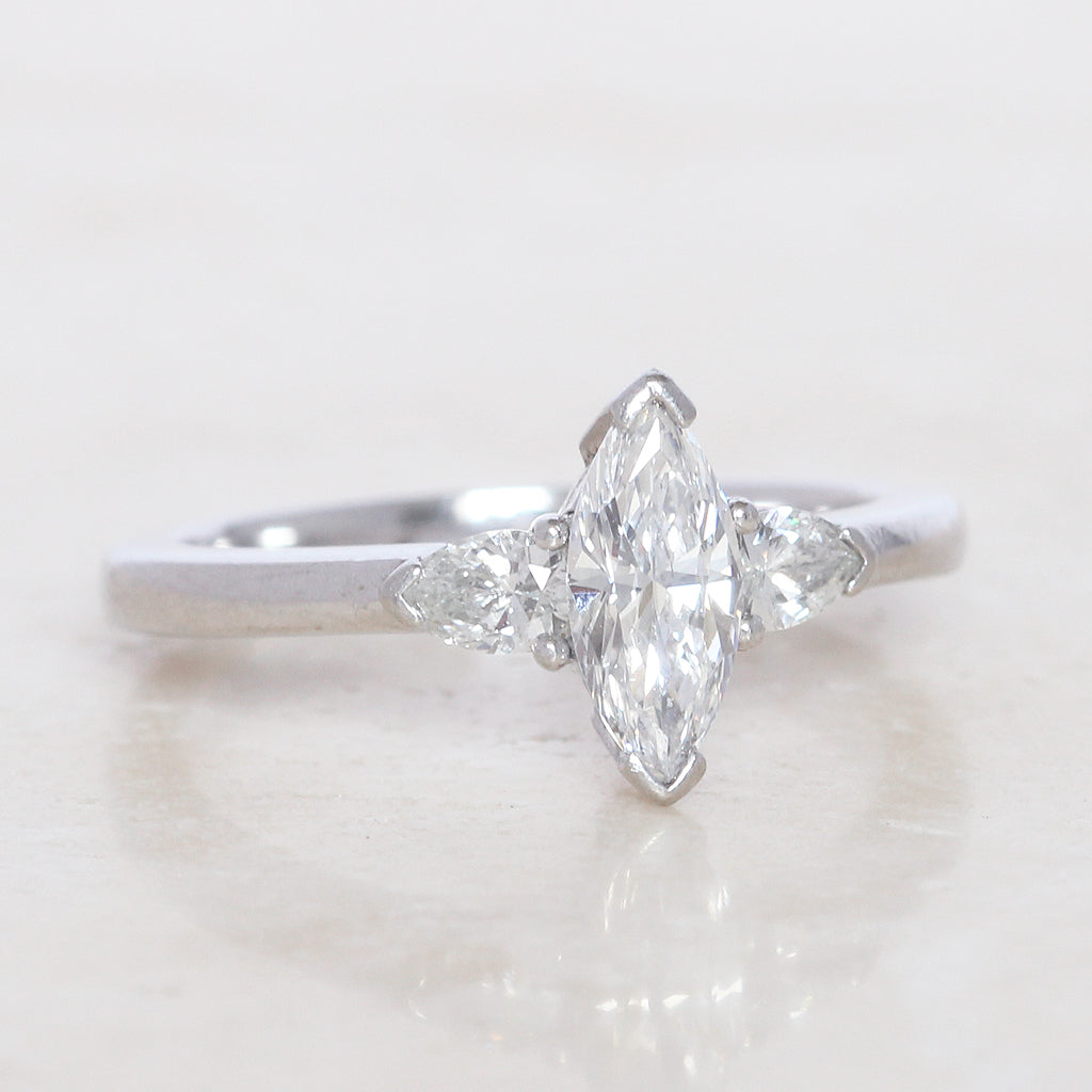 Contemporary 0.92 Carat Marquise Cut and Pear Shape Diamond Three Stone