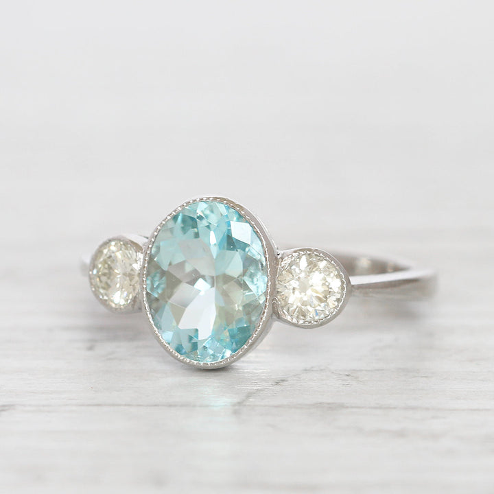 Vintage Style 1.40 Carat Aquamarine and Diamond Three Stone