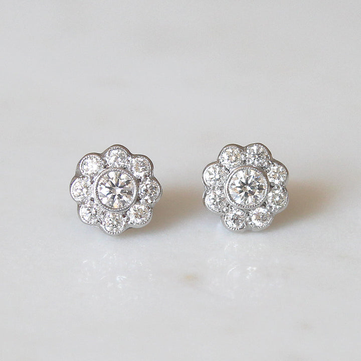 Edwardian Style 1.04 Carat Brilliant Cut Diamond Daisy Cluster Stud Earrings