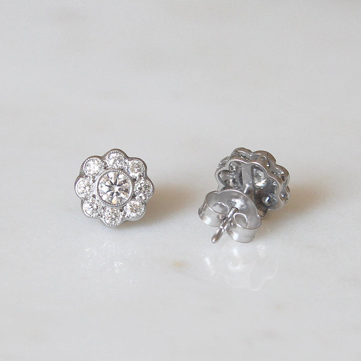 Edwardian Style 1.04 Carat Brilliant Cut Diamond Daisy Cluster Stud Earrings