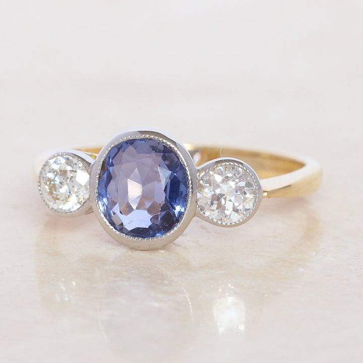 Edwardian Style 2.40 Carat Sapphire and Old Cut Diamond Three Stone