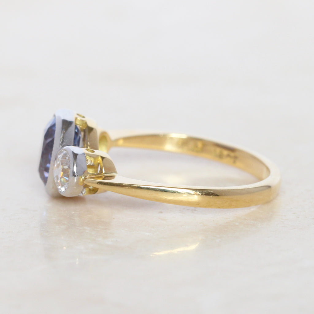 Edwardian Style 2.40 Carat Sapphire and Old Cut Diamond Three Stone