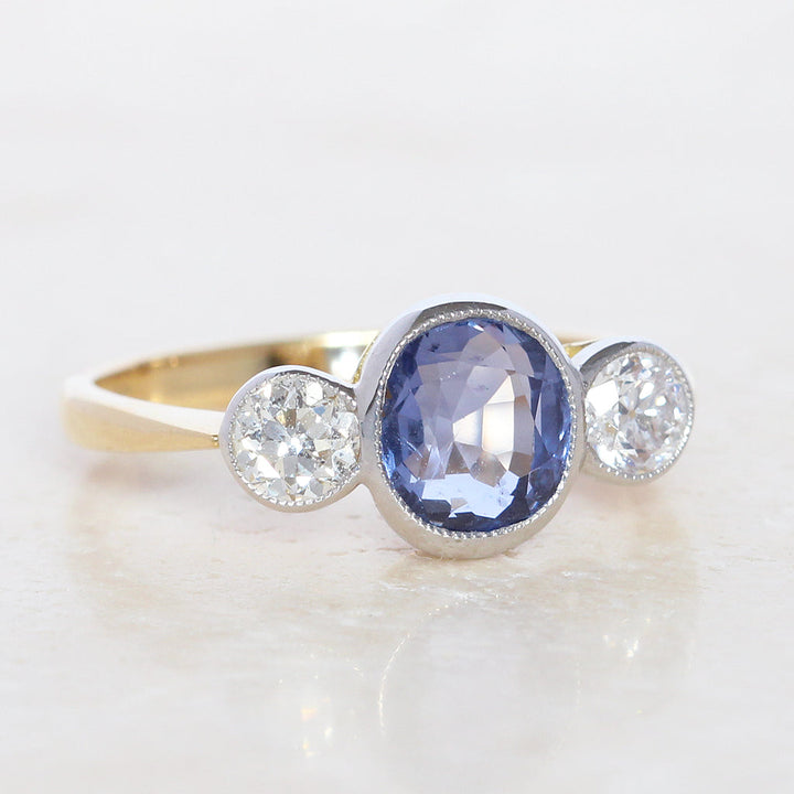 Edwardian Style 2.40 Carat Sapphire and Old Cut Diamond Three Stone