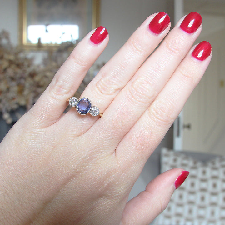 Edwardian Style 2.40 Carat Sapphire and Old Cut Diamond Three Stone