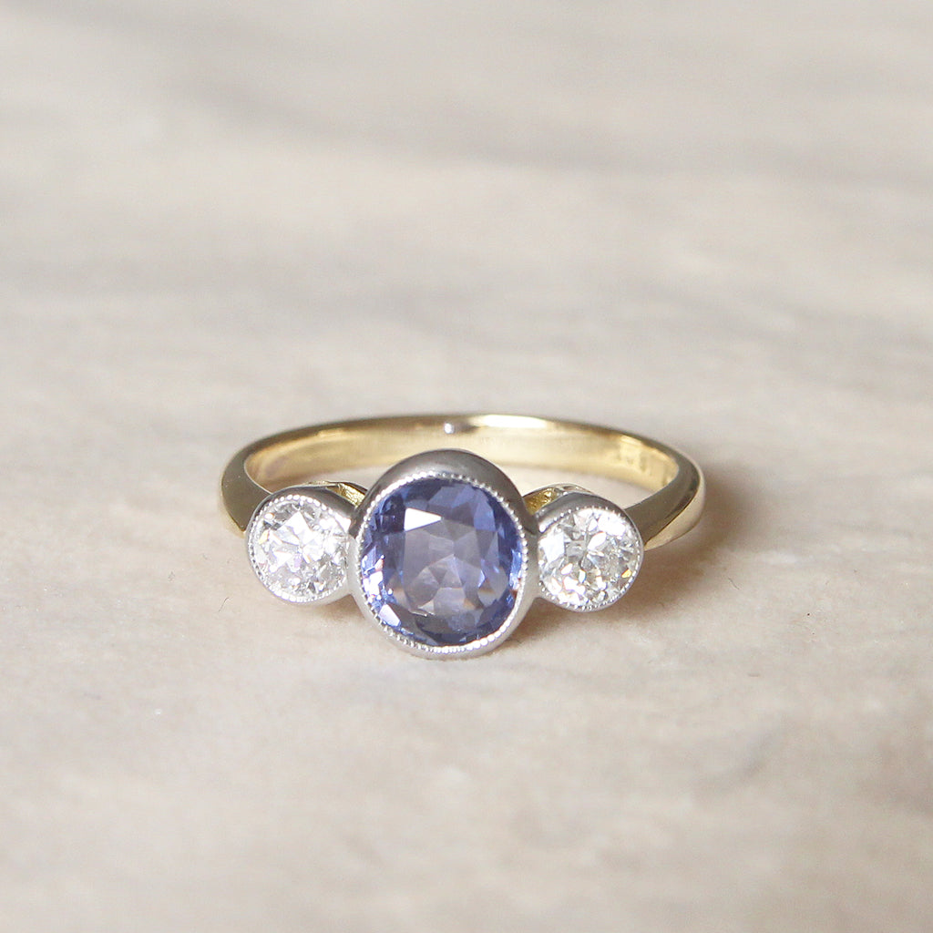Edwardian Style 2.40 Carat Sapphire and Old Cut Diamond Three Stone