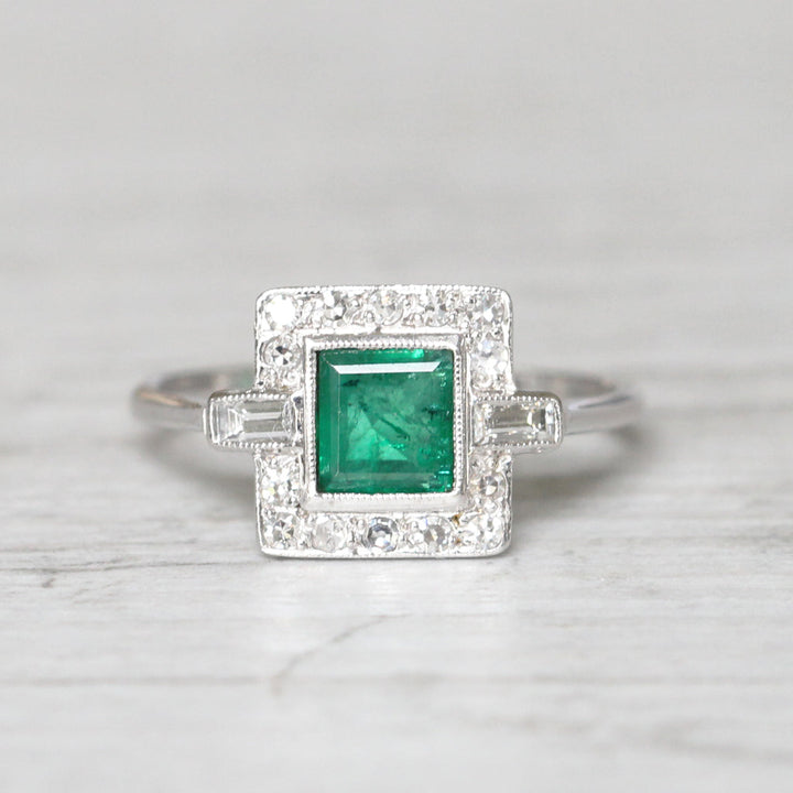 Art Deco Style 0.80 Carat Emerald and Diamond Square Cluster