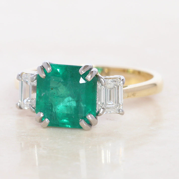 Vintage Style 2.35 Carat Emerald and Diamond Three Stone