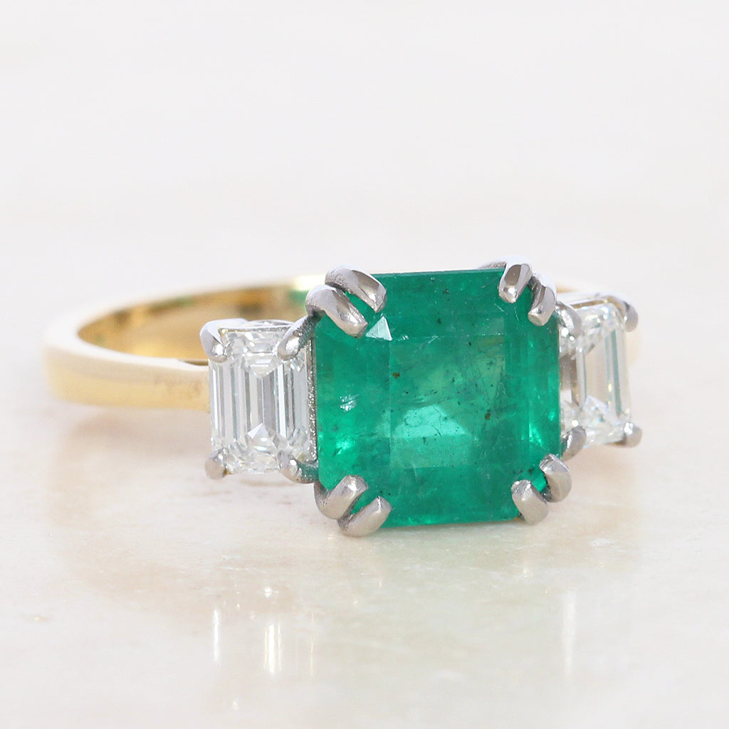 Vintage Style 2.35 Carat Emerald and Diamond Three Stone